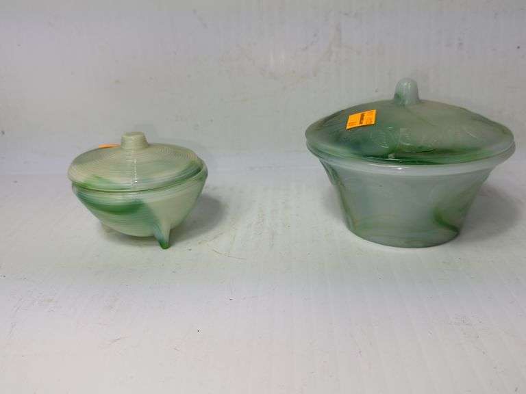 Slag Glass Covered Dish and Vintage Akro Agate Trinket Dish