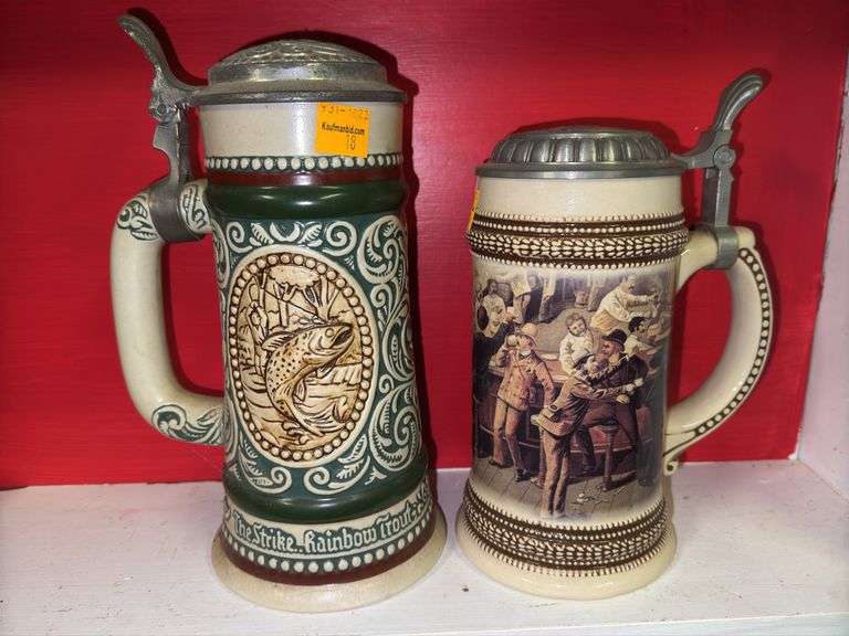 Avon Rainbow Trout and Irish Setter and Paul Sebastian Fine Fragrance Old Tavern Scene Steins