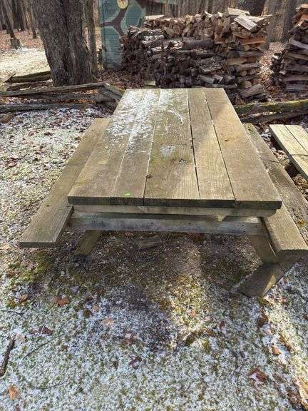 Two wood picnic tables