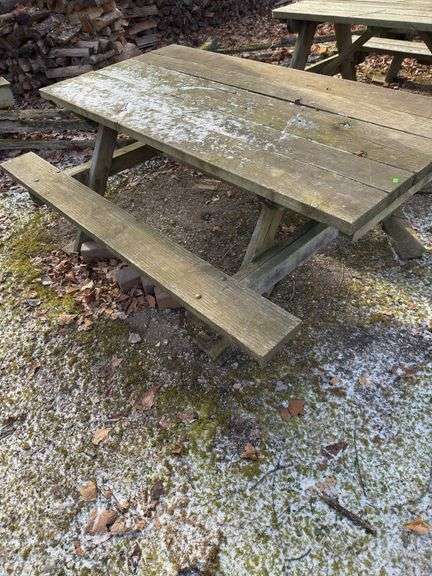 Two wood picnic tables
