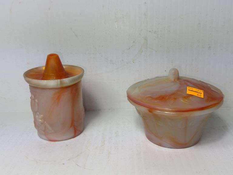 Mexicali Pickwick Fifth Avenue Cosmetic Jar by Akro Agate and Vintage Slag Glass Covered Dish