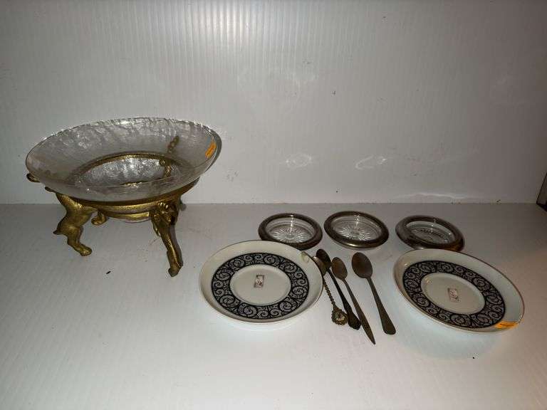 Decorative Saucers, Candle Holders, Salt Spoons, and Glass Bowl w/ Stand