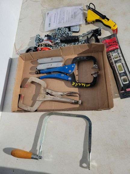 Chain hoist, clamps, level, utility knives