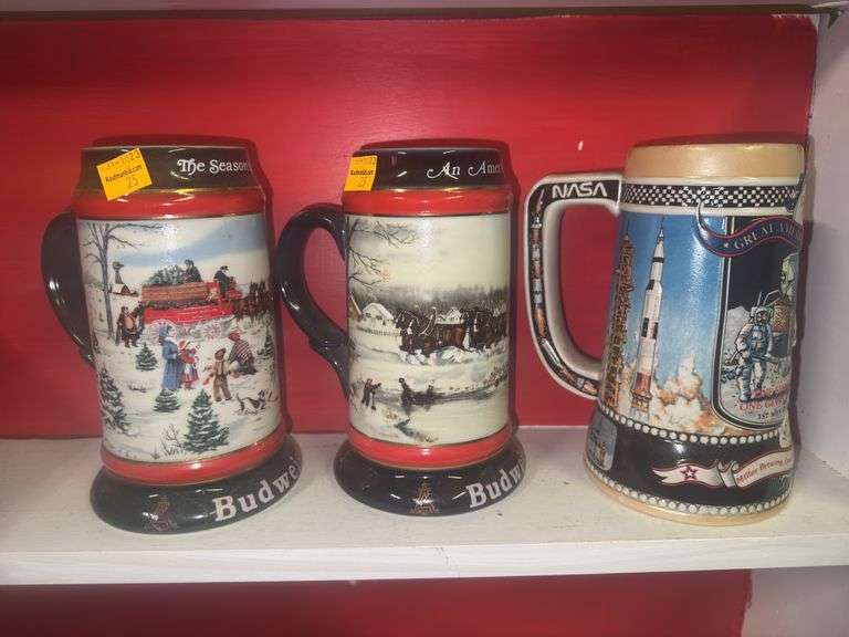 (2) Budweiser Snow Scene Mugs and Miller High Life Moon Landing Mug