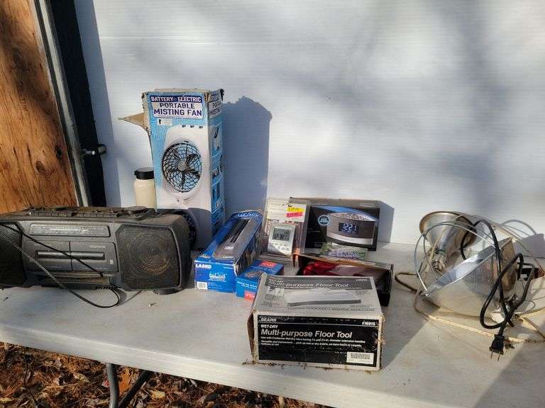 Alarm clock radio, fans, weather station, American flag, radio, clamp lights, & more