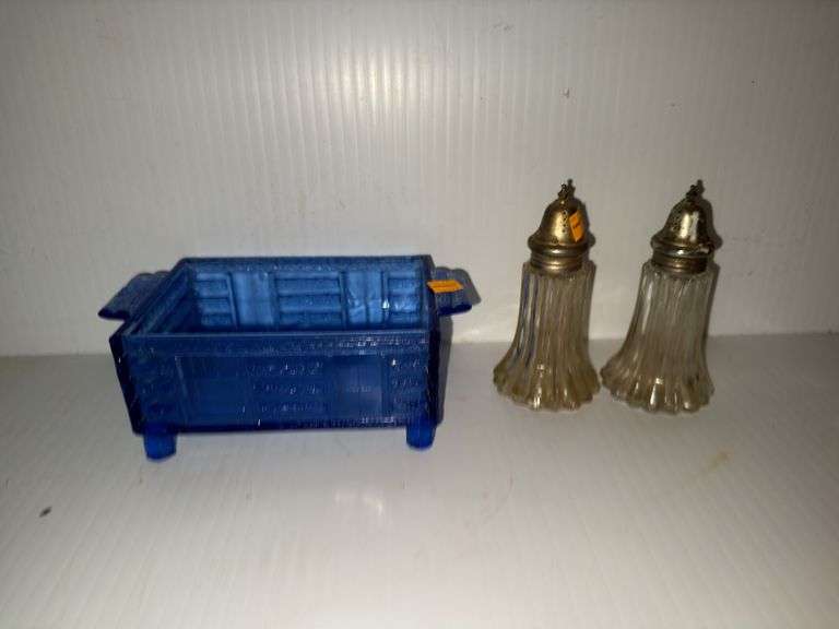 Vintage Salt and Pepper Shaker and Blue Glass Napkin Holder