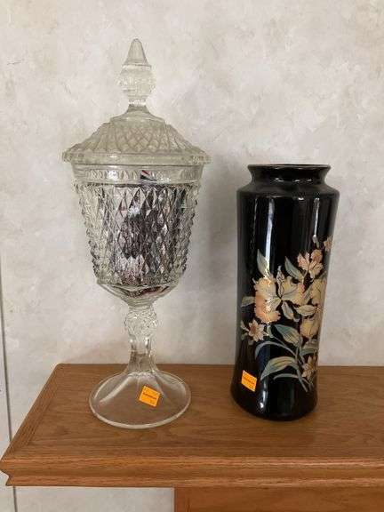 Vintage Diamond Cut Pedestal Dish, Vintage Action 11” Vase