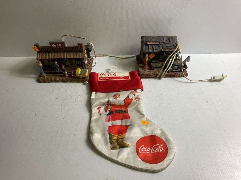 2 Lighted Coca Cola Houses, Coca Cola Christmas Stocking