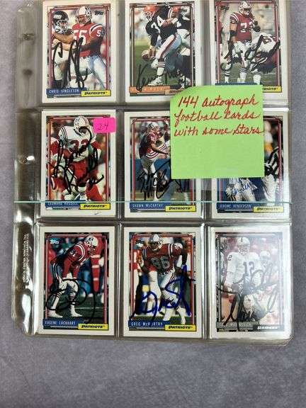 144 autograph football cards with some Stars, in 9 page sheets