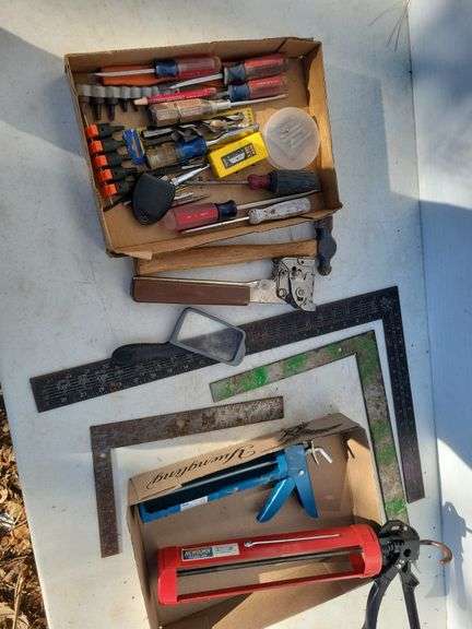 Squares, screwdrivers, caulk guns, misc