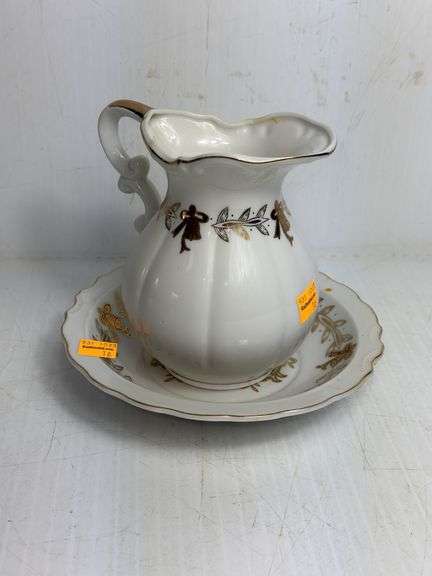 Lefton Hand Painted Ceramic Pitcher and Bowl