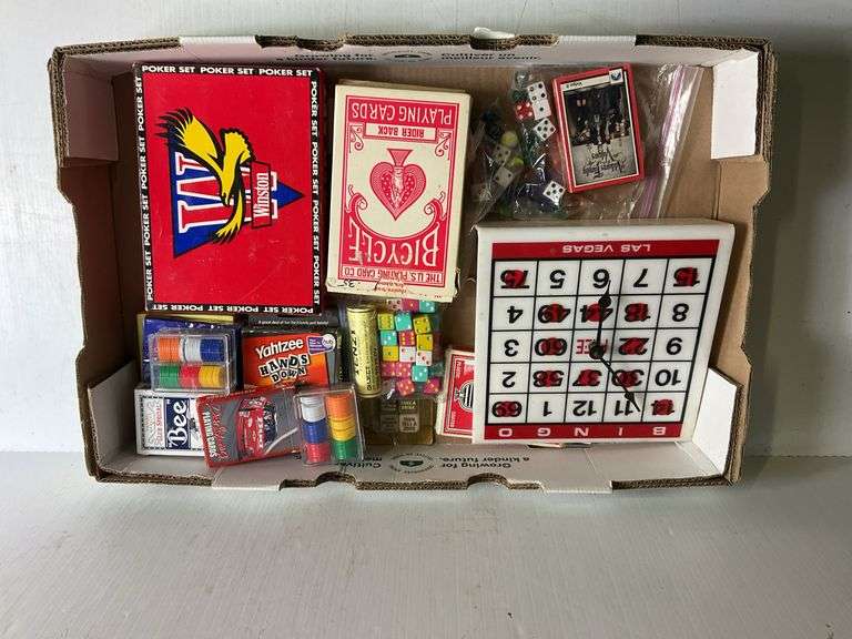Assortment of Poker Chips, Dice, Playing Cards, Bingo