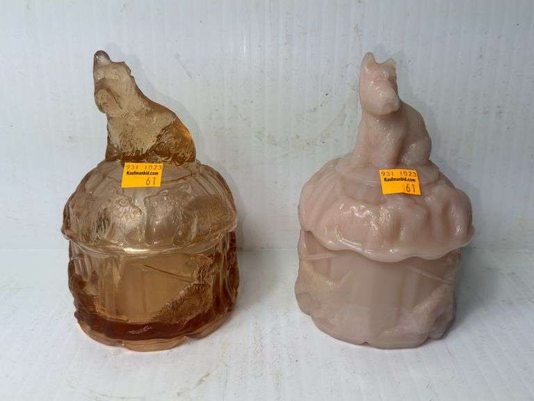 (2) Akro Scotty Dog Pressed Agate Slag Glass Powder Boxes