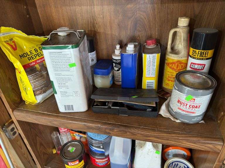 Contents of bottom shelves fluids and misc