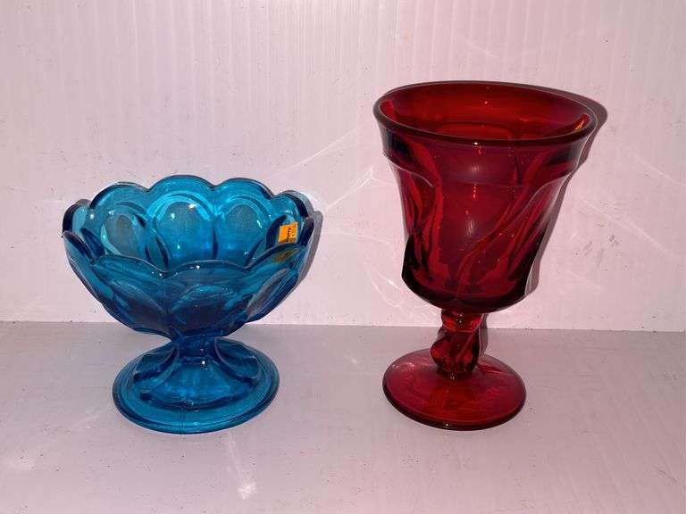 Blue Viking Decorative Bowl and Red Fostoria Goblet