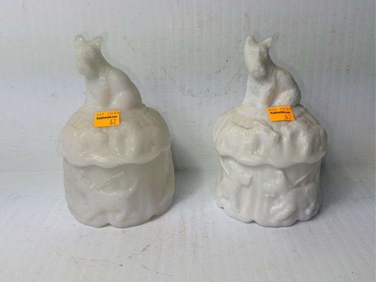 (2) Akro Scotty Dog Pressed Agate Slag Glass Powder Boxes