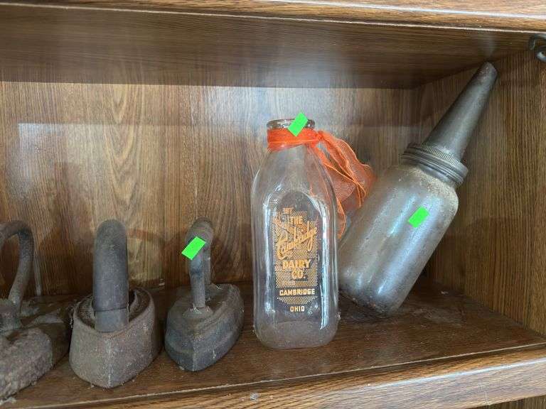 Antique irons and Cambridge dairy co bottle