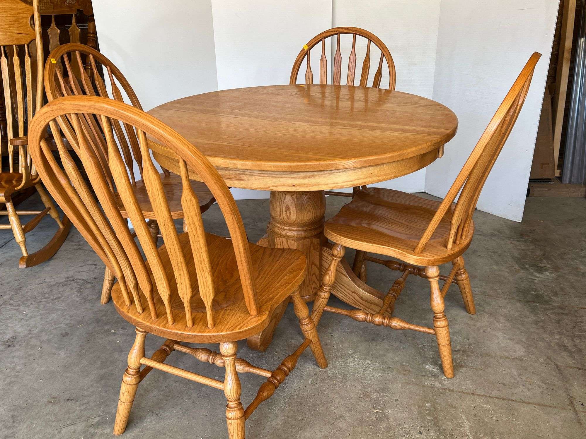 Oak Pedestal Table with 4 Oak Slatback Chairs