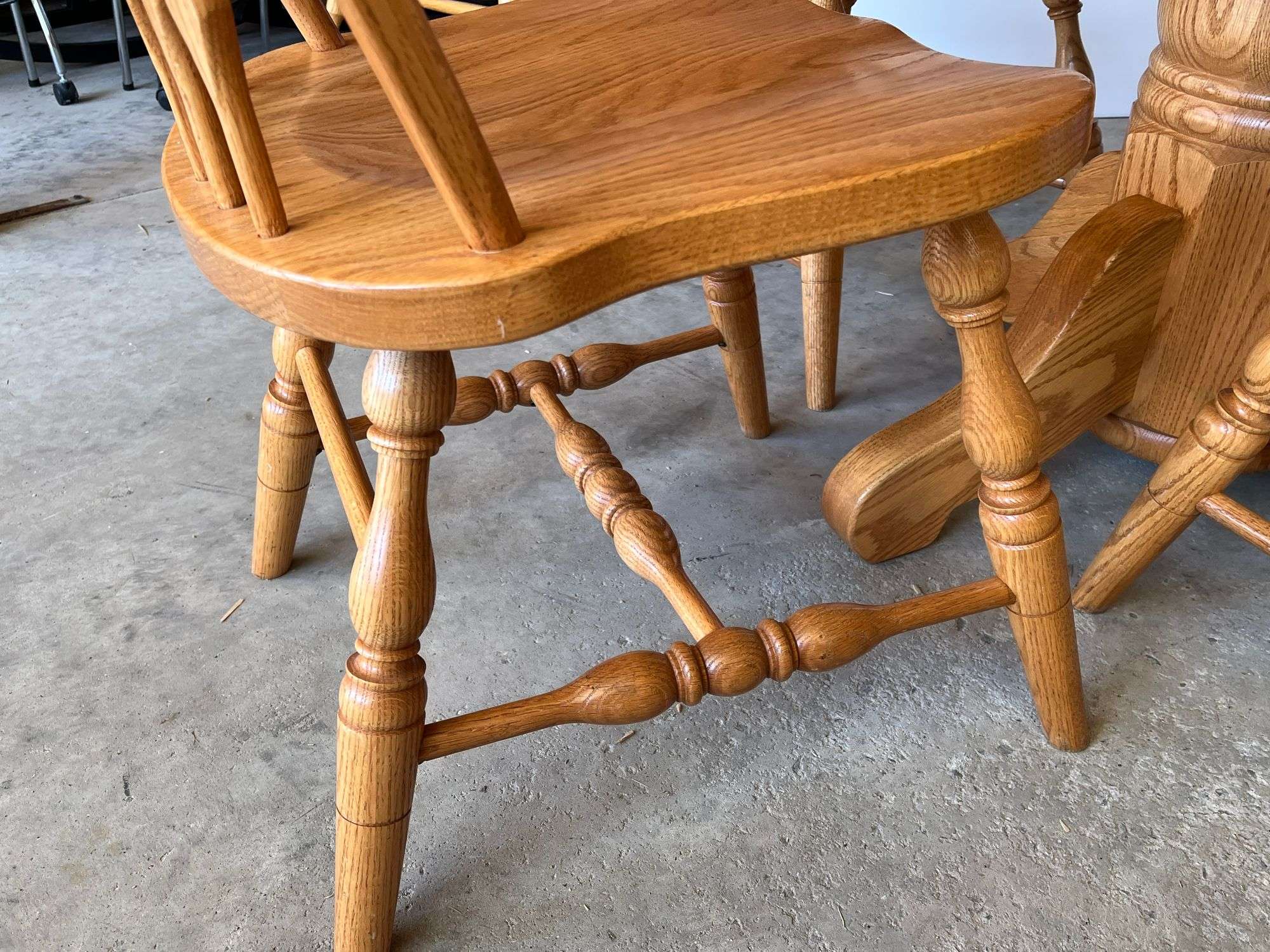 Oak Pedestal Table with 4 Oak Slatback Chairs