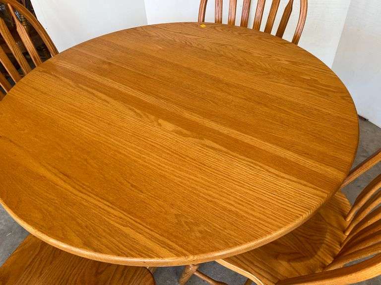 Oak Pedestal Table with 4 Oak Slatback Chairs