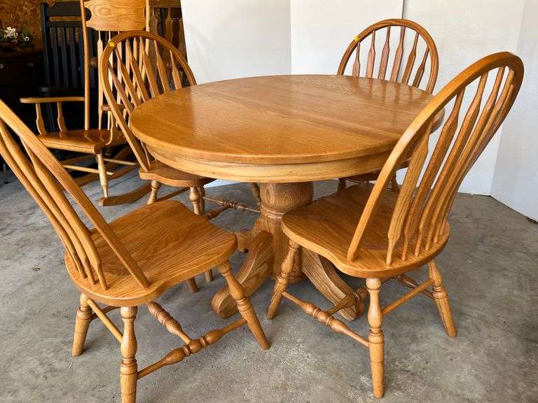 Oak Pedestal Table with 4 Oak Slatback Chairs