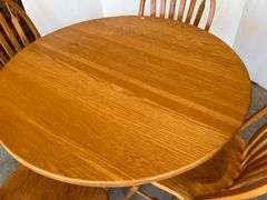 Oak Pedestal Table with 4 Oak Slatback Chairs