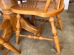 Oak Pedestal Table with 4 Oak Slatback Chairs