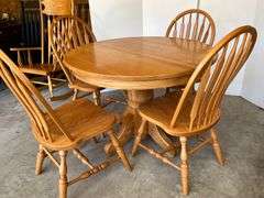 Oak Pedestal Table with 4 Oak Slatback Chairs