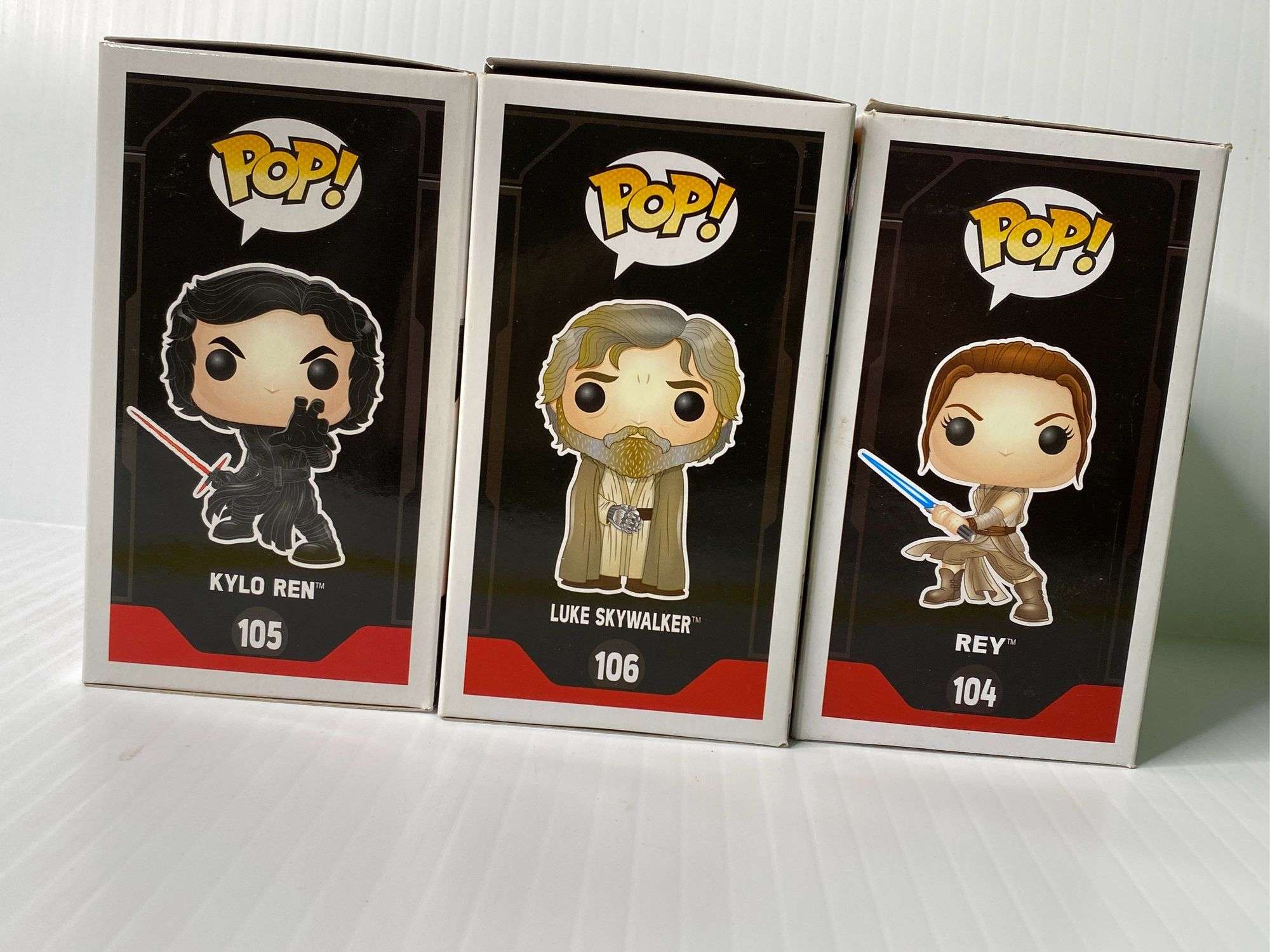Star Wars Funko Pops Kylo Ren 105, Luke Skywalker 106, & Rey 104 