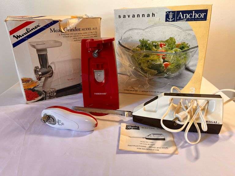 Meat Grinder, 2 can Openers, Electric Knife, Salad Bowl