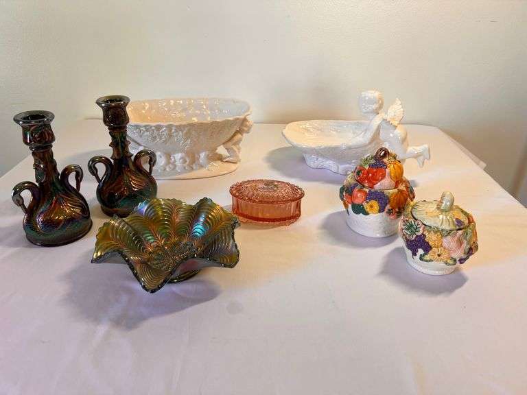 Carnival Amethyst Candle Sticks, Peacock Bowl,