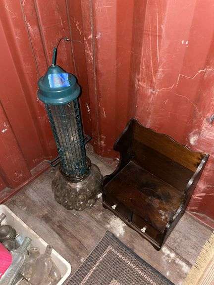Bird feeder, Glass Bowl, and Wooden Shelf
