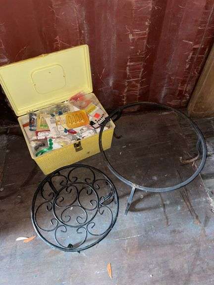 Two Plant Stands and Organizer with Crafting Items