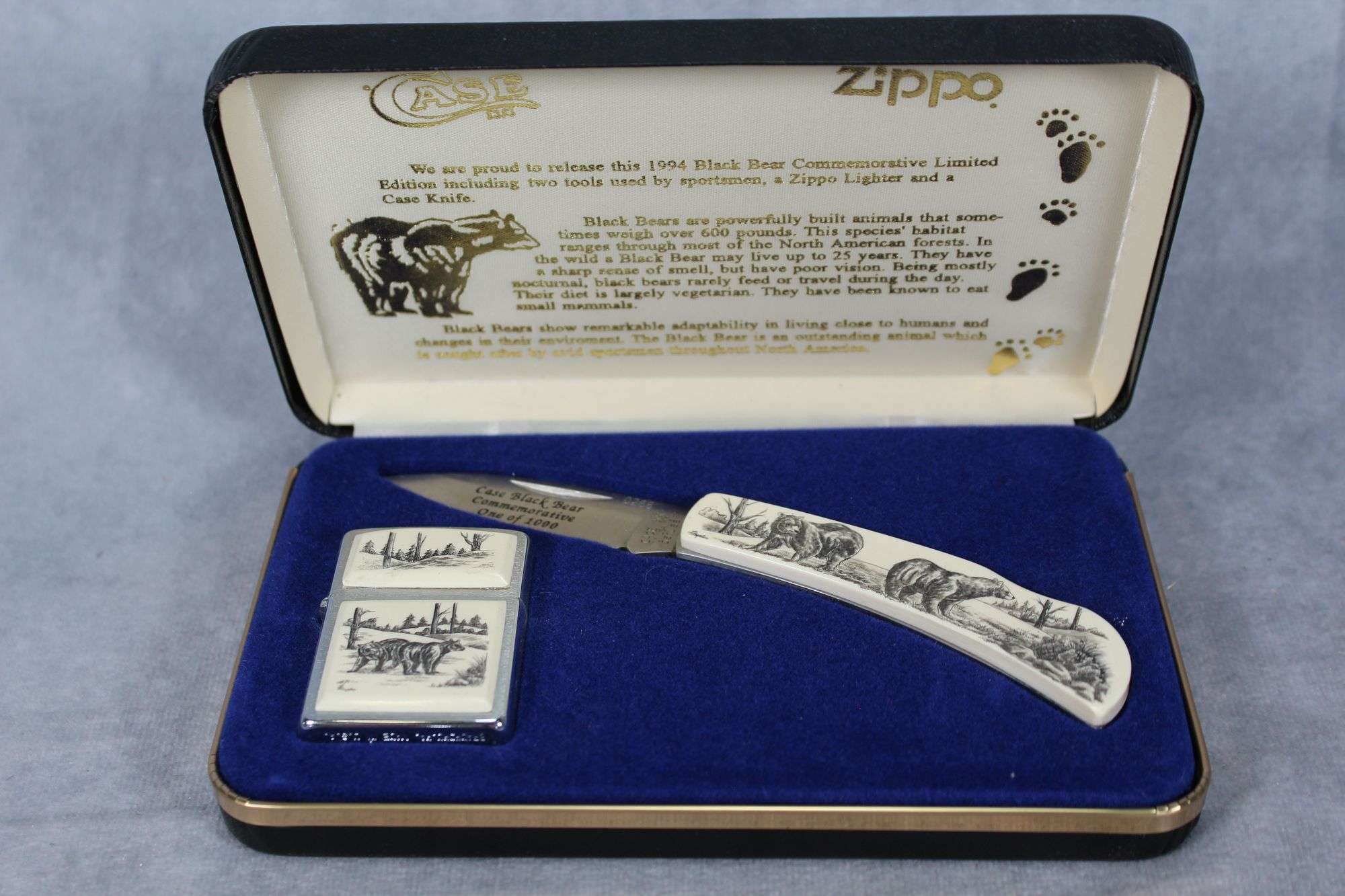1994 CASE XX BLACK BEAR COMMEMORATIVE KNIFE & ZIPPO SET