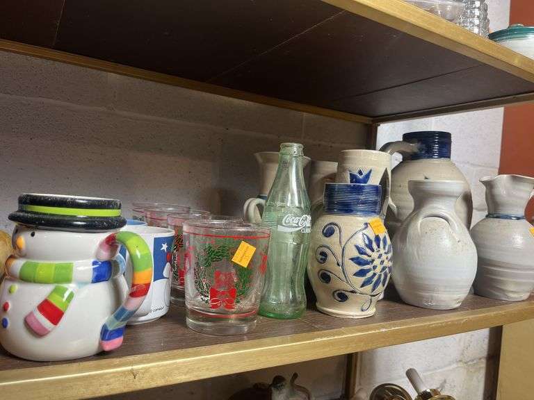 Pottery Pictures and Vases, Coffee Cups, Christmas Glasses, Dough Roller, First Aid Kit