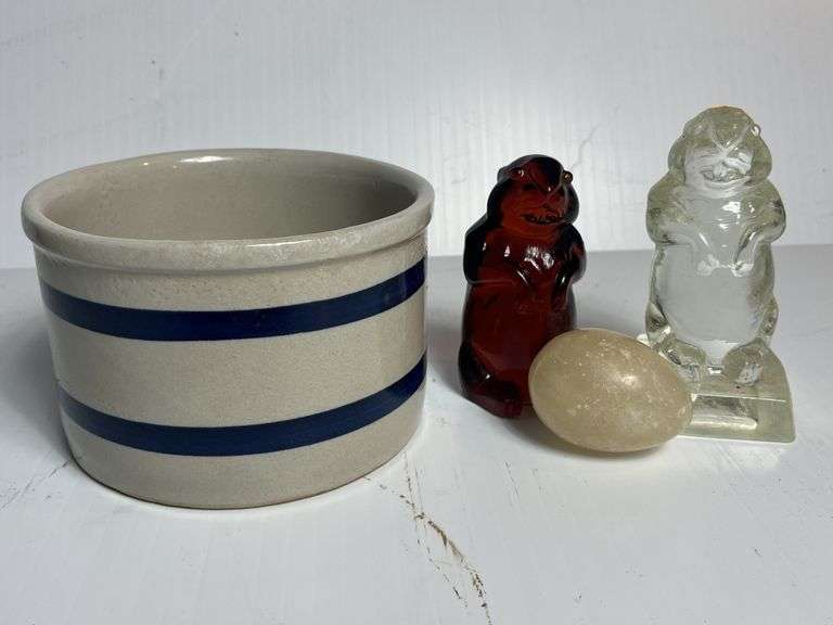 Robinson Ransbottom Roseville Quarter Crock, glass, paperweights, and Marble Egg