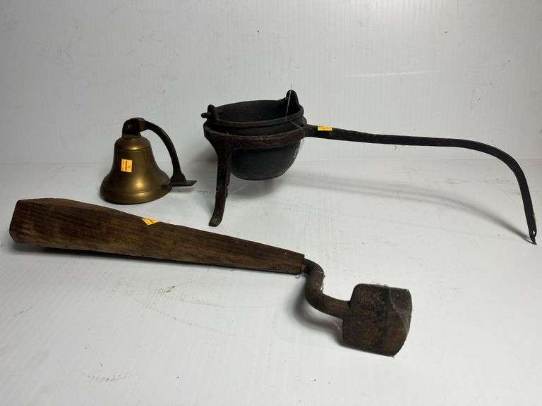 Smelter Pot, Brass Bell, Antique Pry Bar