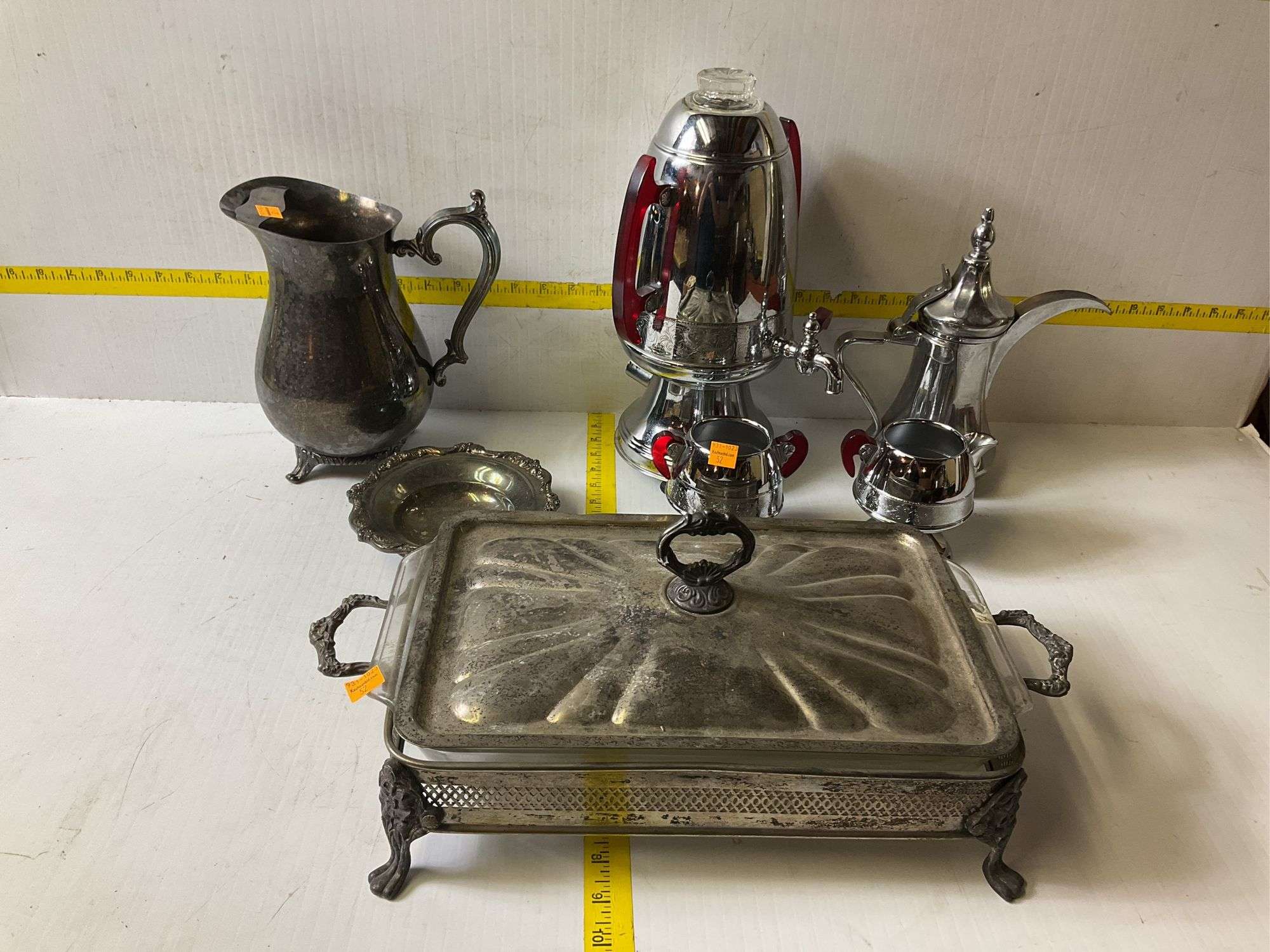 Silverplated Rectangular Serving Buffet Tray, Coffee Percolator Set, Silverplated Pitcher, Bowl, Cre