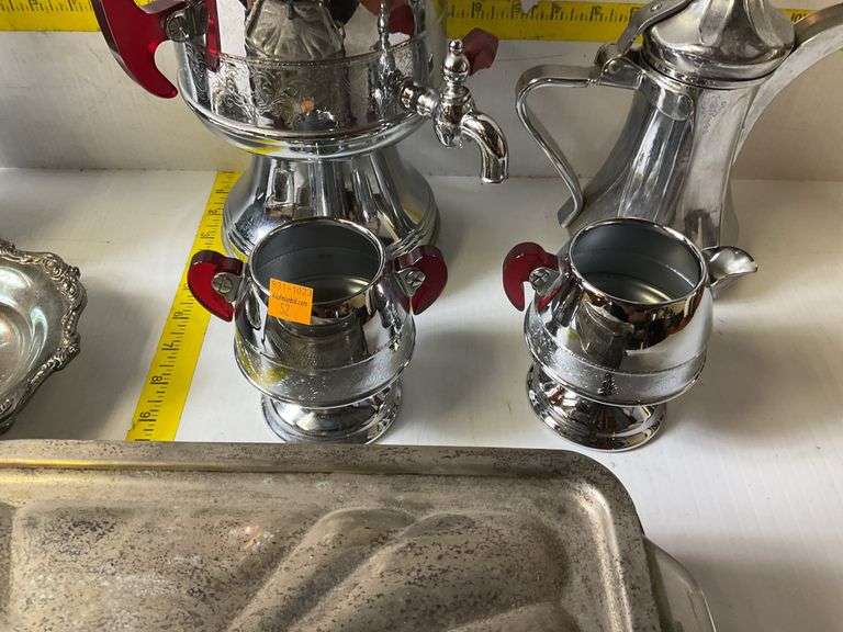 Silverplated Rectangular Serving Buffet Tray, Coffee Percolator Set, Silverplated Pitcher, Bowl, Cre