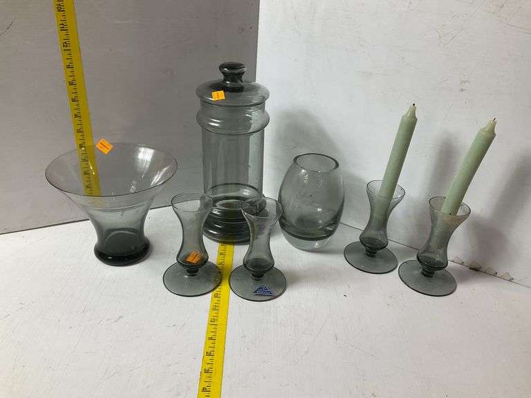 Assortment of Morgantown Glass Vases, Candle Holders, Canister