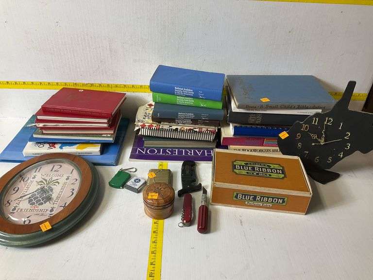 Assortment of Books, Clocks, Cigar Box, Knife and More