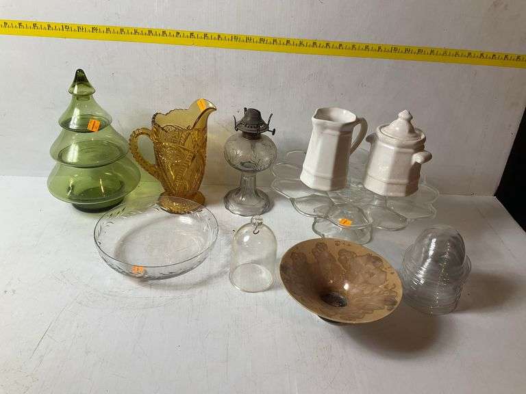 Assortment of Glass Items, 2 Piece Pfaltzgraff Creamer and Sugar Canister
