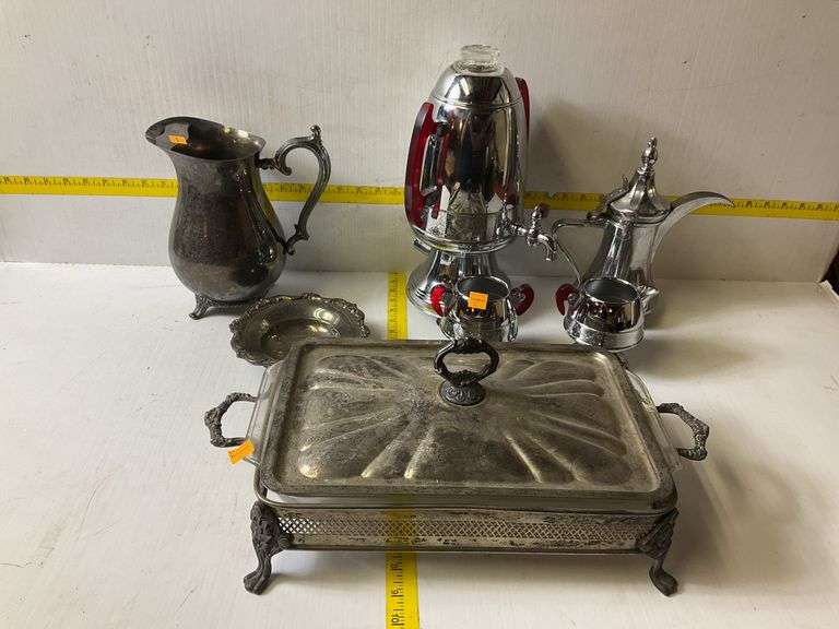Silverplated Rectangular Serving Buffet Tray, Coffee Percolator Set, Silverplated Pitcher, Bowl, Cre
