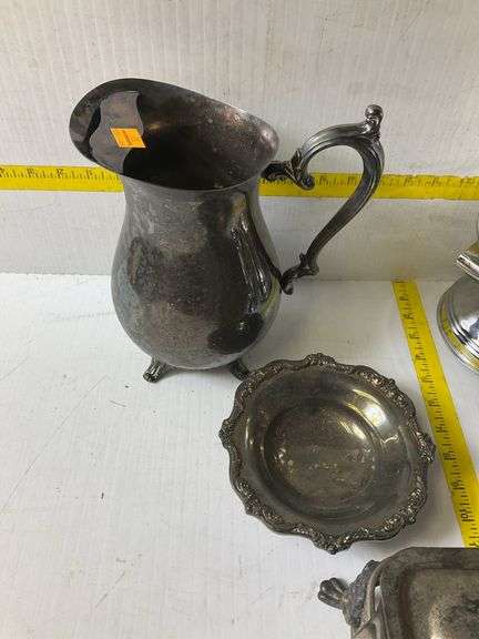 Silverplated Rectangular Serving Buffet Tray, Coffee Percolator Set, Silverplated Pitcher, Bowl, Cre