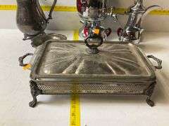Silverplated Rectangular Serving Buffet Tray, Coffee Percolator Set, Silverplated Pitcher, Bowl, Cre