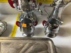 Silverplated Rectangular Serving Buffet Tray, Coffee Percolator Set, Silverplated Pitcher, Bowl, Cre