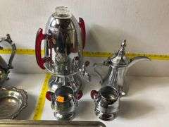 Silverplated Rectangular Serving Buffet Tray, Coffee Percolator Set, Silverplated Pitcher, Bowl, Cre