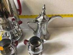 Silverplated Rectangular Serving Buffet Tray, Coffee Percolator Set, Silverplated Pitcher, Bowl, Cre