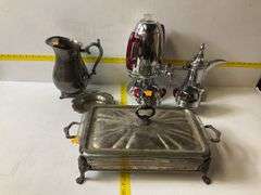 Silverplated Rectangular Serving Buffet Tray, Coffee Percolator Set, Silverplated Pitcher, Bowl, Cre