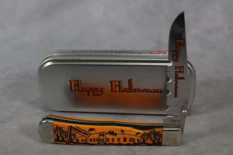 2008 CASE TRAPPER SINGLE BLADE PERSIMMON ORANGE HALLOWEEN ETCH 6154L